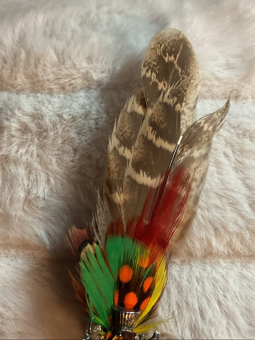 Feather Cluster Brooch with Green, Orange & Red Accents